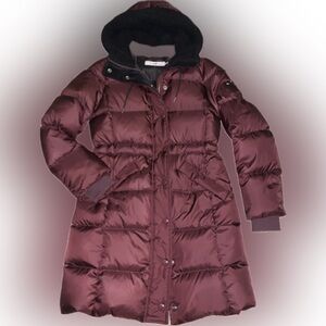 Coach Winter Down Goose Feather Long Puffer Coat Jacket Burgandy Maroon XS